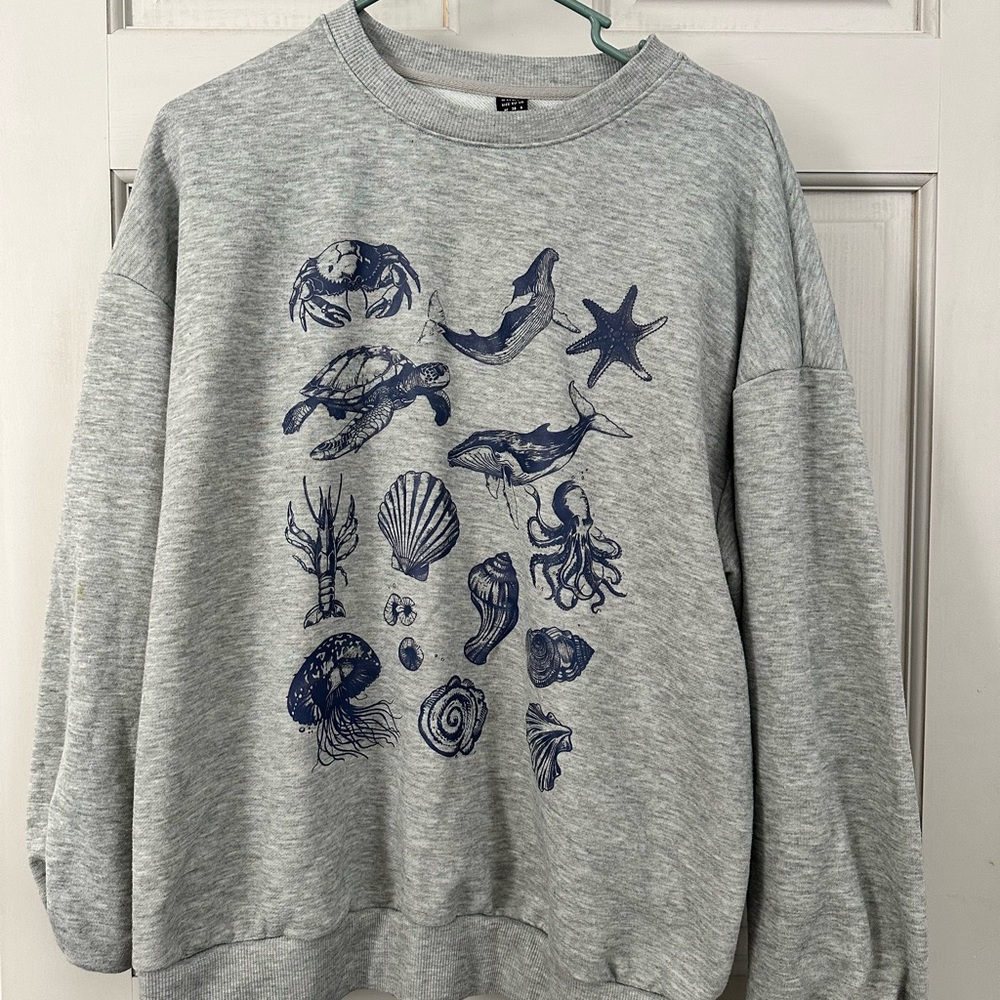 SHEIN Gray Crewneck Sweater with Blue Ocean Print